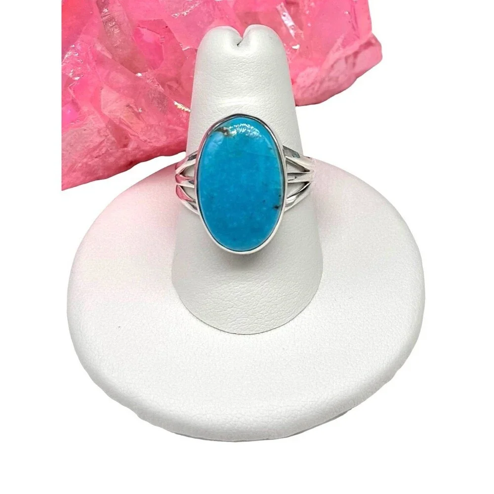Aztec Mountain Turquoise Ring Size 8 Solid 925 Sterling Silver Oval Stone